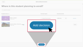 "Add enrollment decision" page is open. A school has been selected. The cursor is clicking on "Add decision"